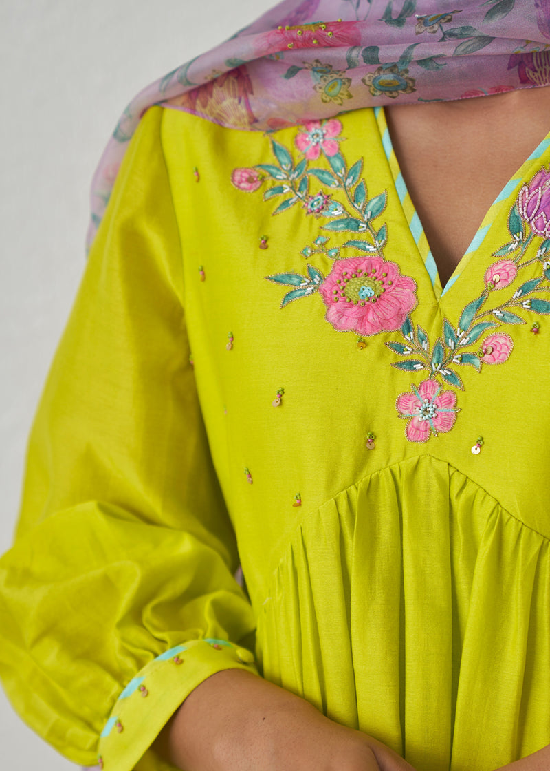 Kanji Gathered Short Kurta Set - Lime Yellow