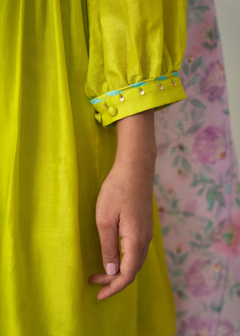 Kanji Gathered Short Kurta Set - Lime Yellow