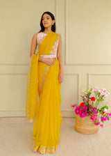 Resu Saree Sleeveless Pink Meraki Blouse Set - Mustard Yellow