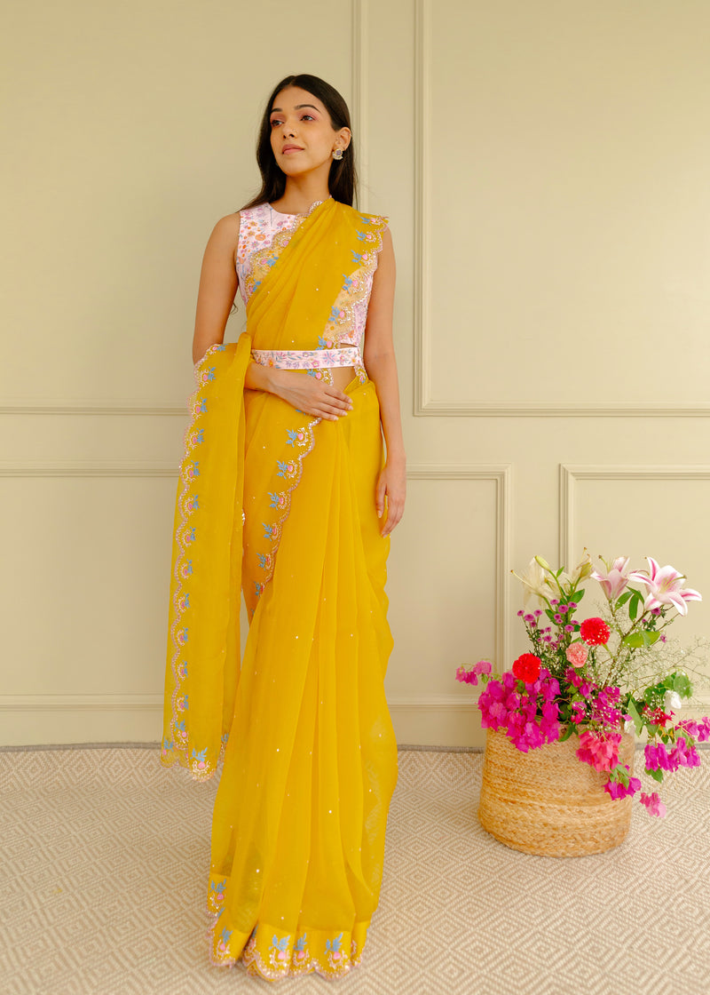Resu Saree Sleeveless Pink Meraki Blouse Set - Mustard Yellow