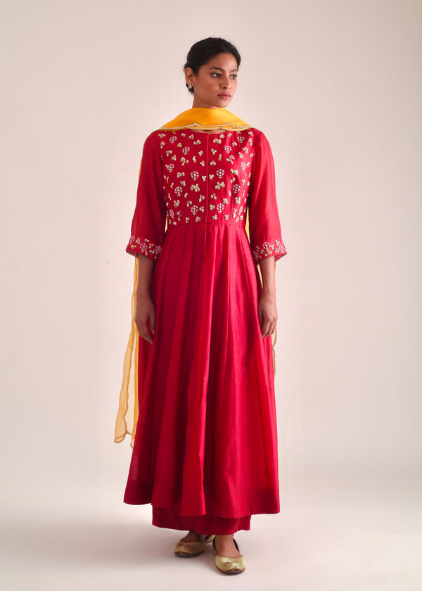 Cluster Anarkali Organza Dupatta Set - Red