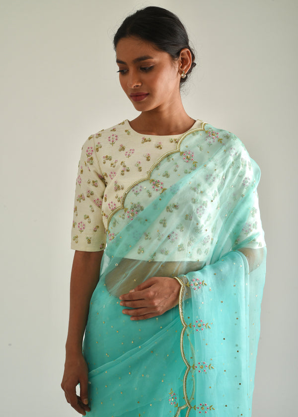 Kaira Scallop Saree Cluster Blouse Set -  Mint Green