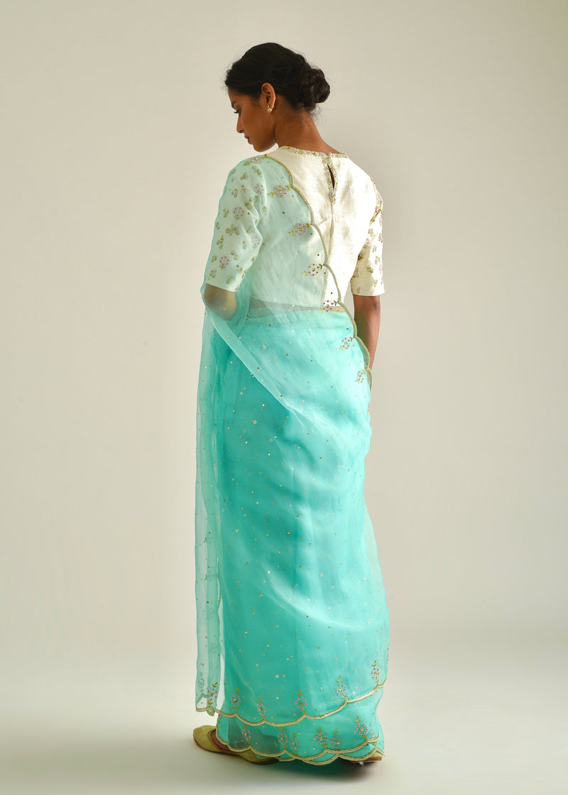 Kaira Scallop Saree Cluster Blouse Set -  Mint Green