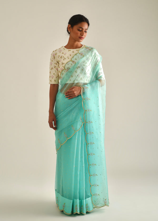 Kaira Scallop Saree Cluster Blouse Set -  Mint Green