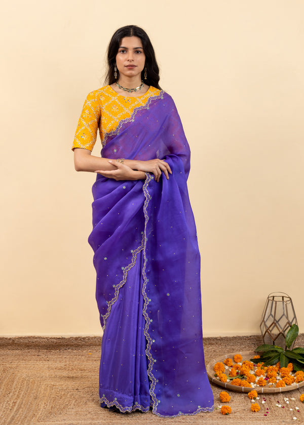 Soha Cutwork Saree Mango Yellow Chokor Blouse Set - Royal Purple