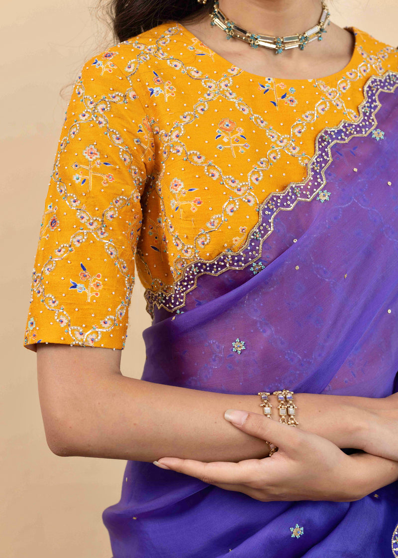 Soha Cutwork Saree Mango Yellow Chokor Blouse Set - Royal Purple