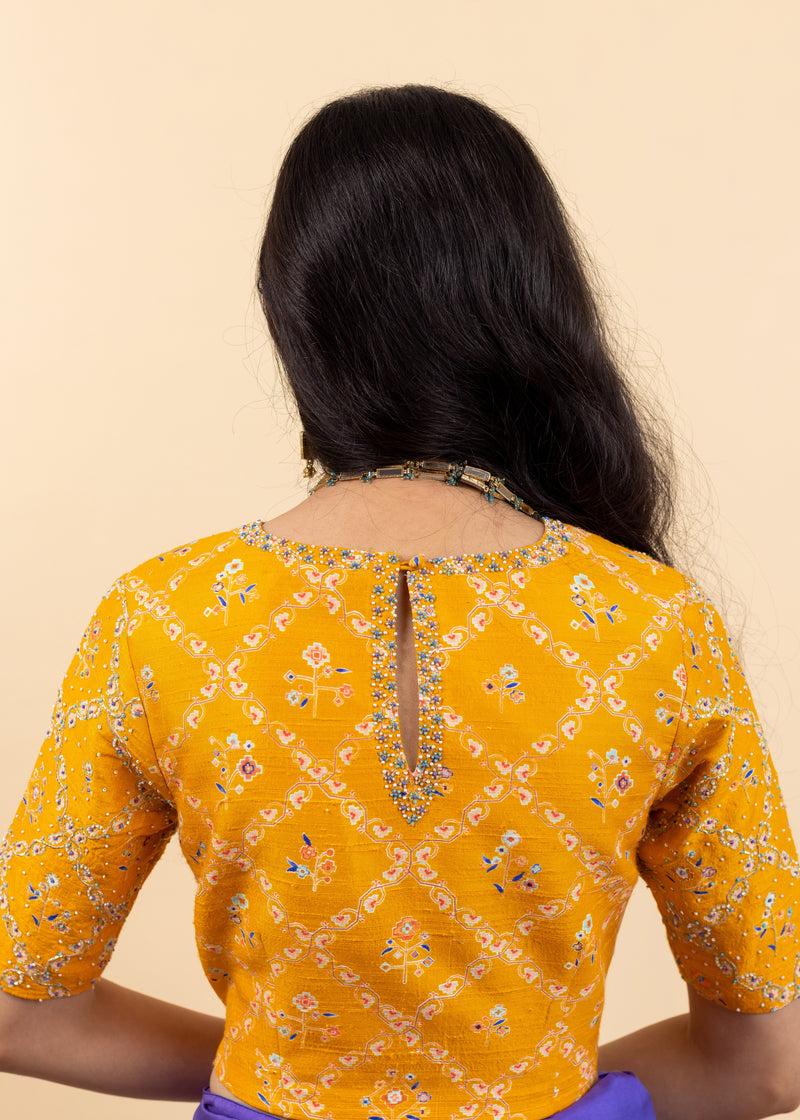 Soha Cutwork Saree Mango Yellow Chokor Blouse Set - Royal Purple