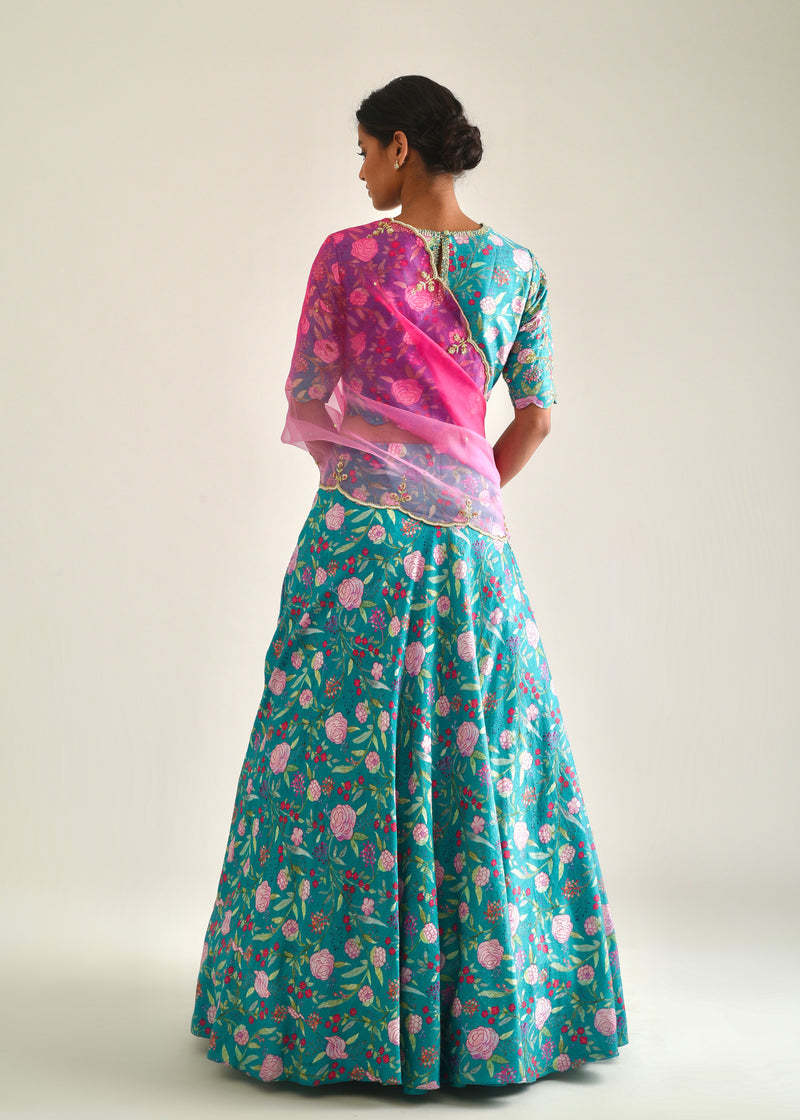 Gulaab Lehenga Set - Teal Blue