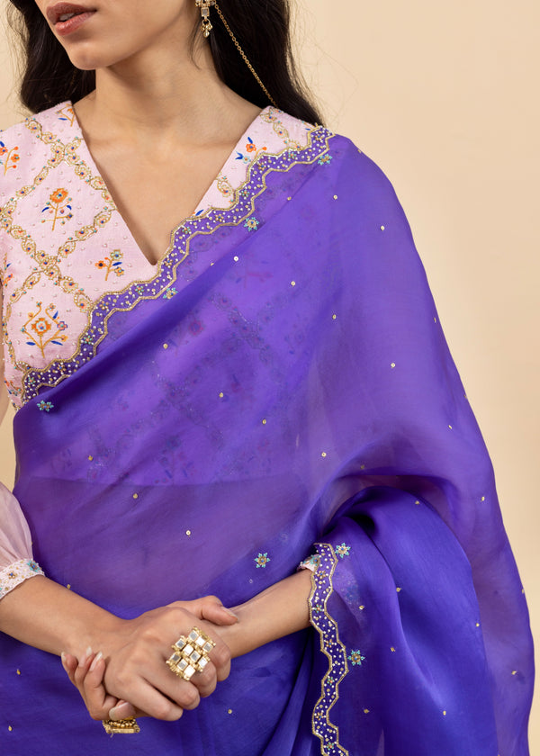Soha Cutwork Saree Soft Pink Chokor Blouse Set - Royal Purple