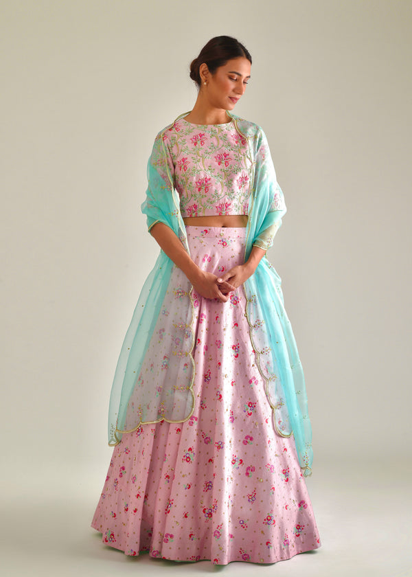 Leaf Cheenth Lehenga Set - Carnation Pink