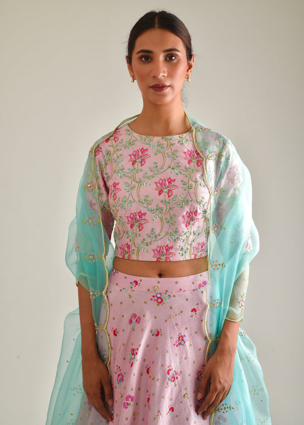 Leaf Cheenth Lehenga Set - Carnation Pink