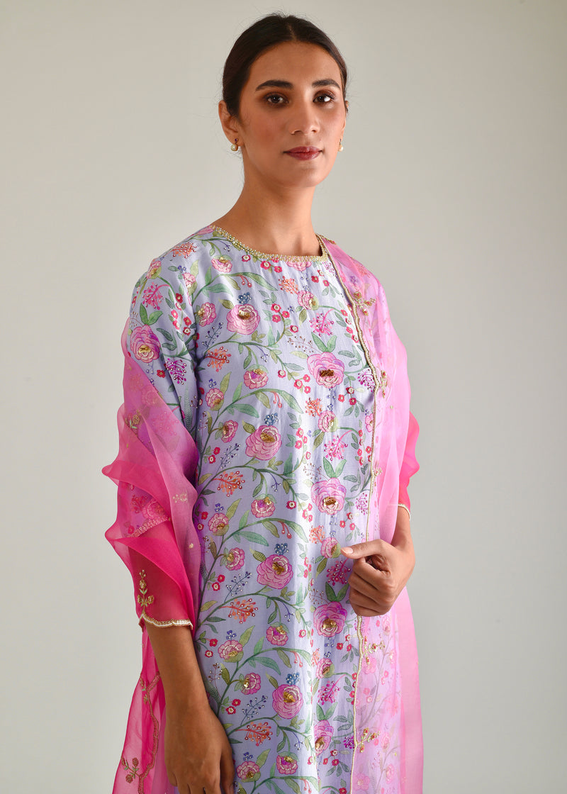 Gulaab Kurta Organza Dupatta Set - Powder Blue