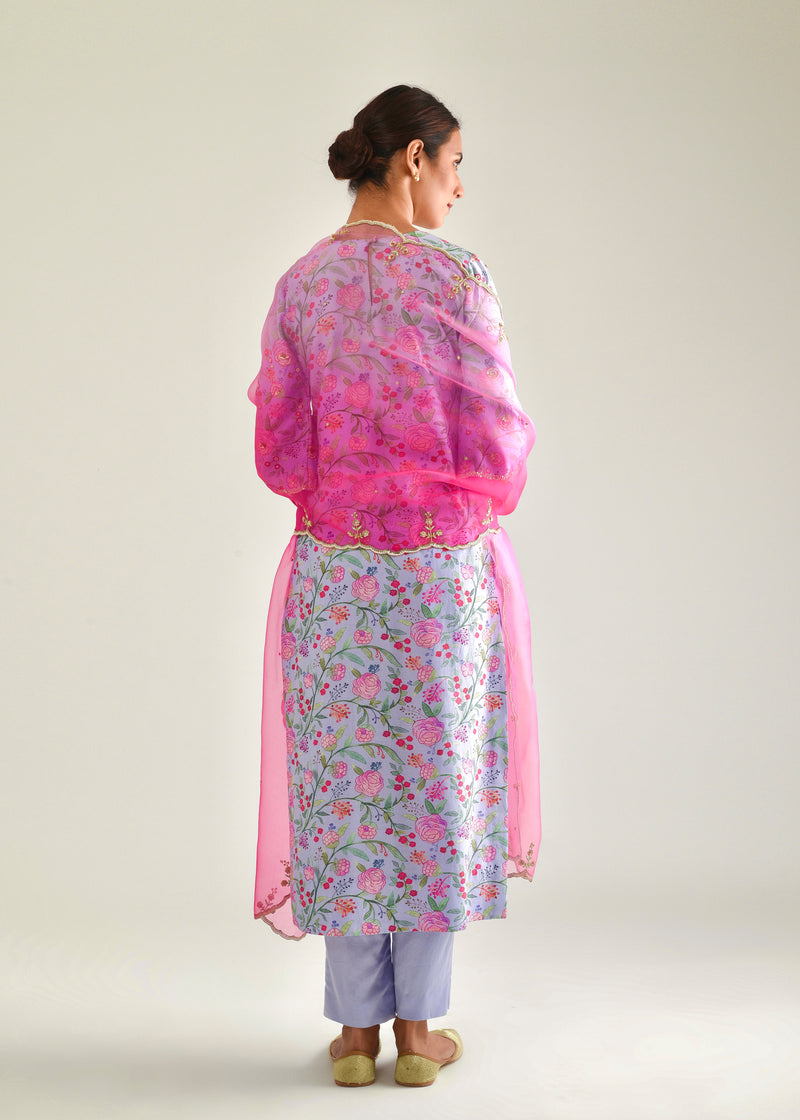 Gulaab Kurta Organza Dupatta Set - Powder Blue