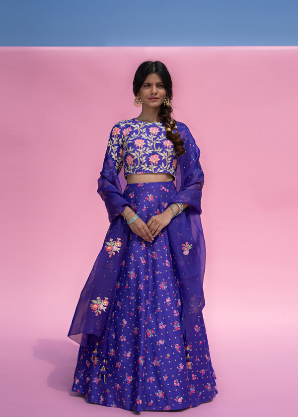 Leaf Cheenth Lehenga Set - Azure Blue