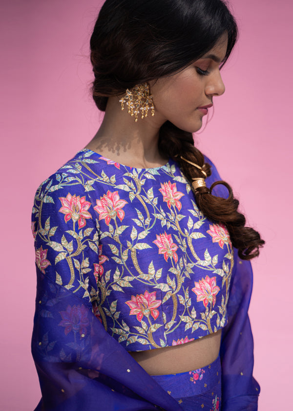 Leaf Cheenth Lehenga Set - Azure Blue