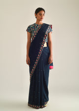 Printed Scallop Border Saree Blouse Set - Pebble Black