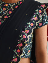 Printed Scallop Border Saree Blouse Set - Pebble Black