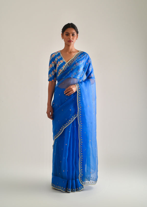 Kanguri Scallop Saree Blue Tircha Blouse Set - Cobalt Blue