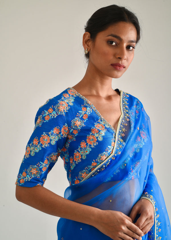 Kanguri Scallop Saree Blue Tircha Blouse Set - Cobalt Blue