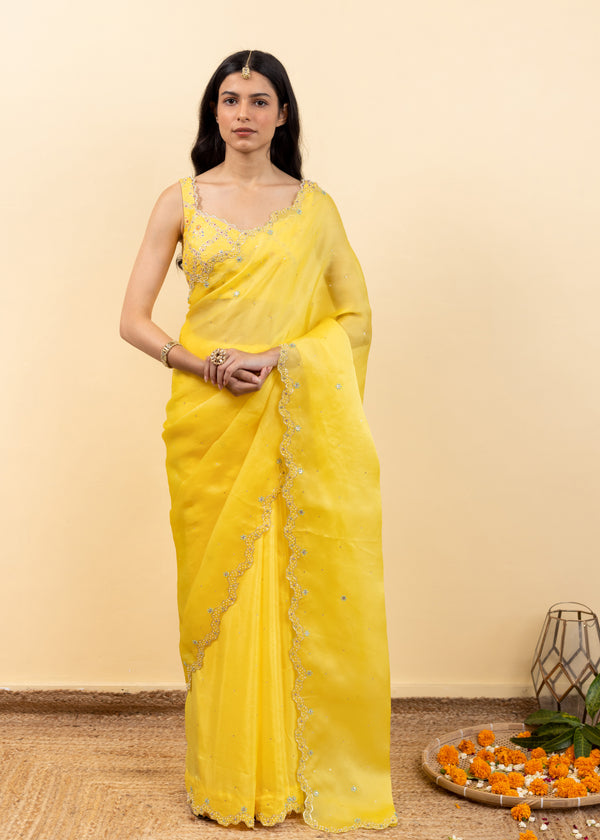 Soha Cutwork Saree Chrome Yellow Chokor Blouse Set - Chrome Yellow