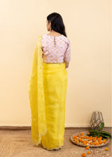 Soha Cutwork Saree Soft Pink Para Blouse Set - Chrome Yellow