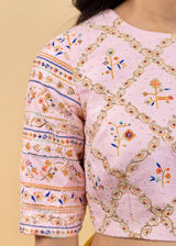 Soha Cutwork Saree Soft Pink Para Blouse Set - Chrome Yellow