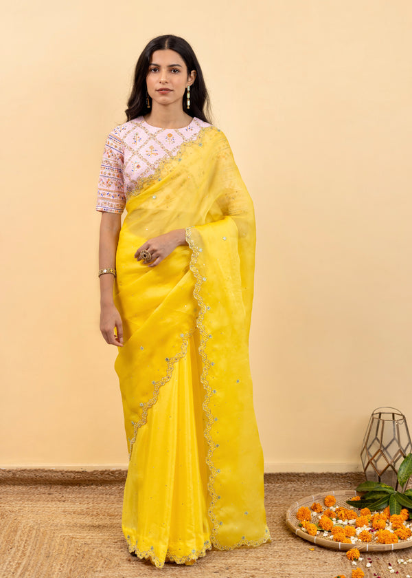 Soha Cutwork Saree Soft Pink Para Blouse Set - Chrome Yellow