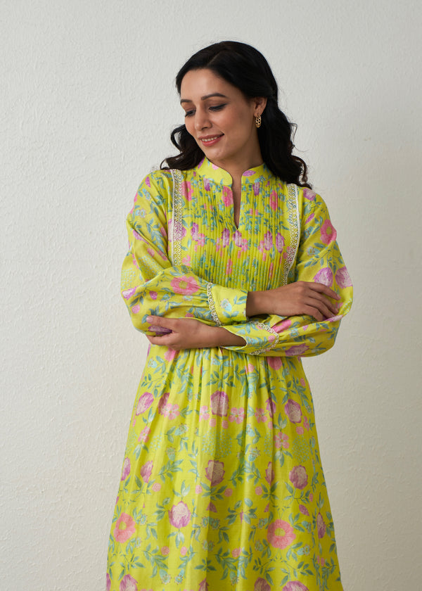 Sia Pleated Kurta Set - Lime Yellow