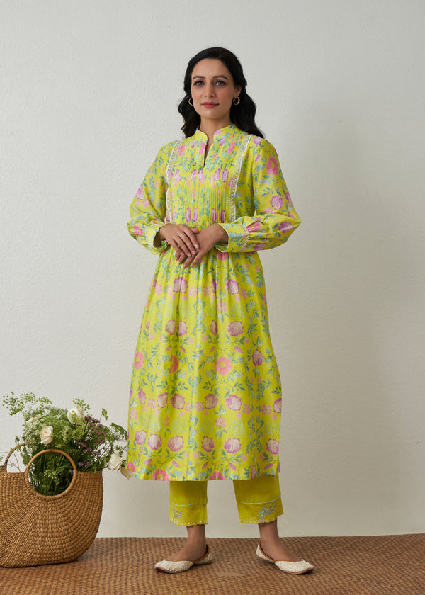 Sia Pleated Kurta Set - Lime Yellow