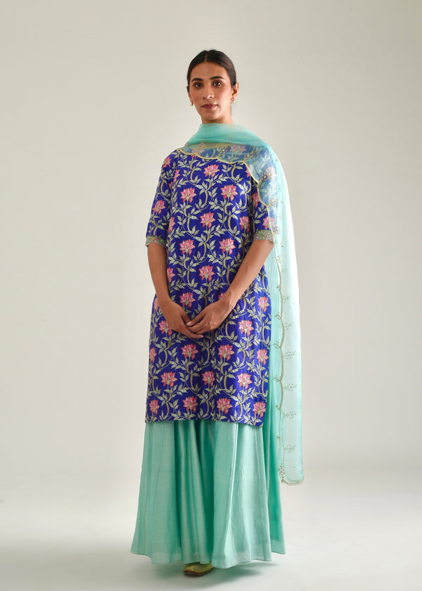 Leaf Kurta Lehenga Set - Azure Blue