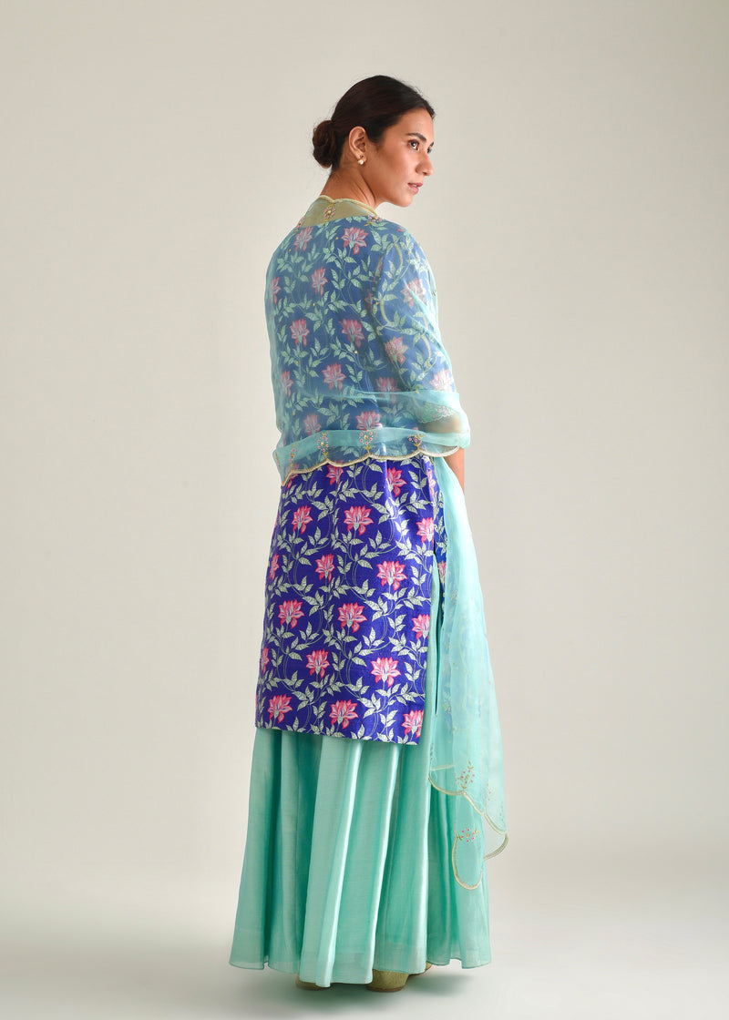 Leaf Kurta Lehenga Set - Azure Blue