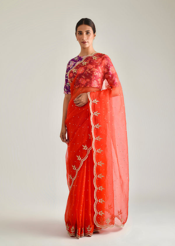 Vari Scallop Saree - Tangerine Orange