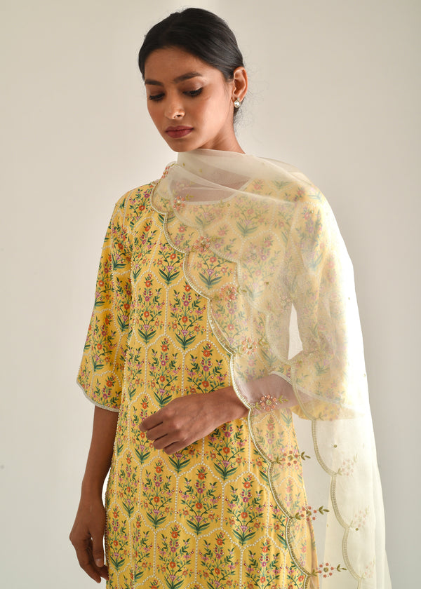 Mughal Kurta Organza Dupatta Set - Yellow