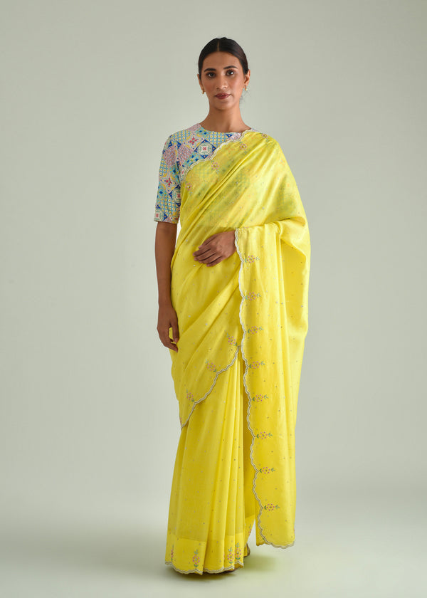 Megh Scallop Saree - Lime Yellow