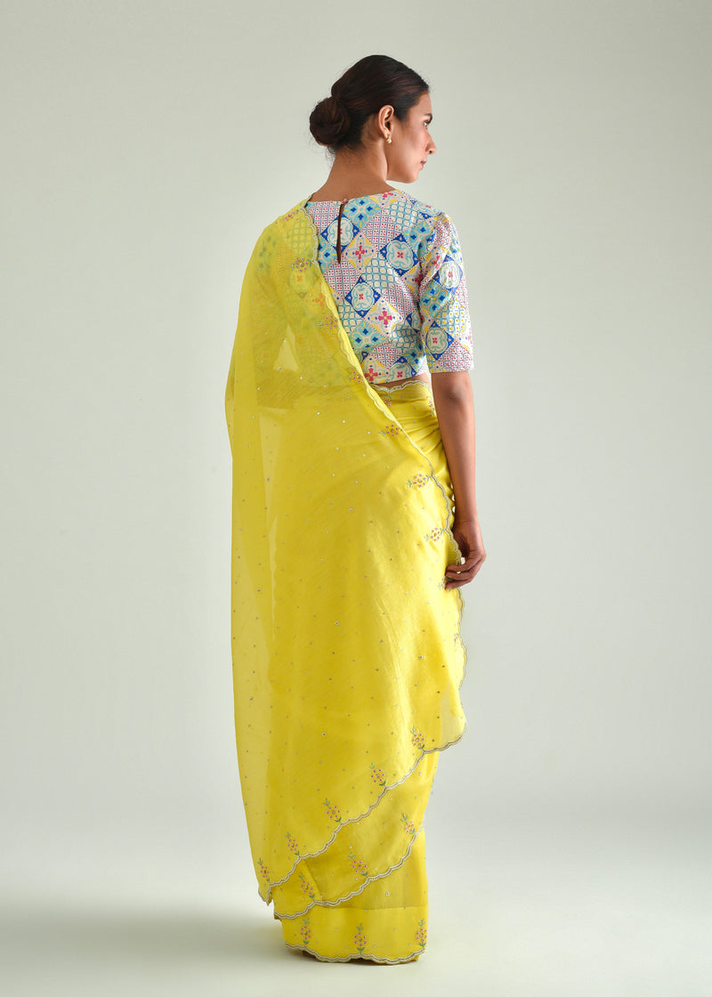 Megh Scallop Saree Capri Blouse Set - Lime Yellow