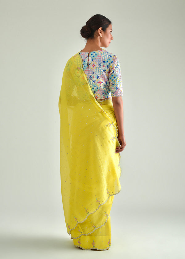 Megh Scallop Saree - Lime Yellow