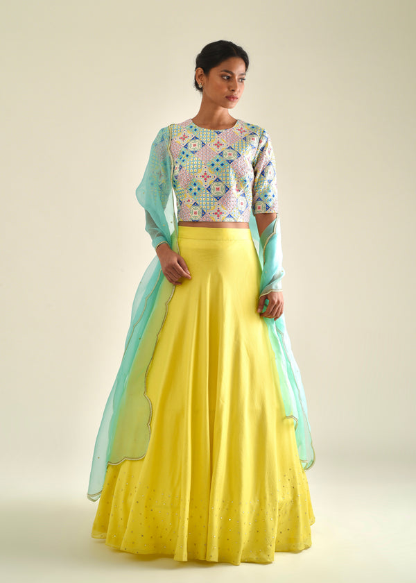 Capri Chanderi Lehenga Set - Lime Yellow