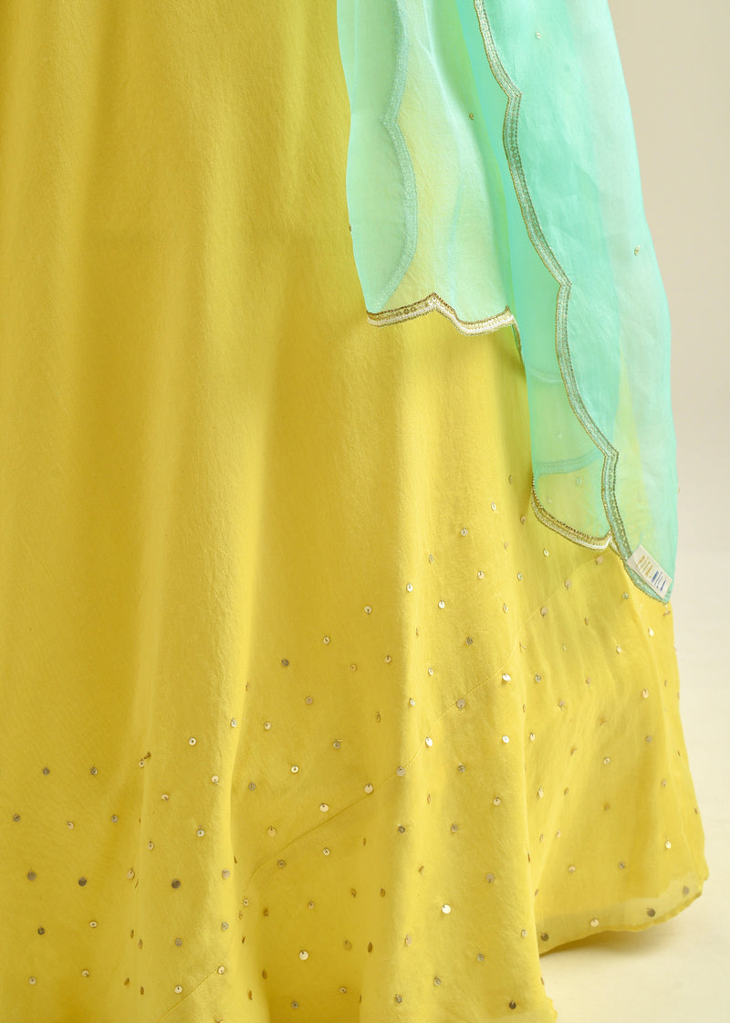 Capri Chanderi Lehenga Set - Lime Yellow