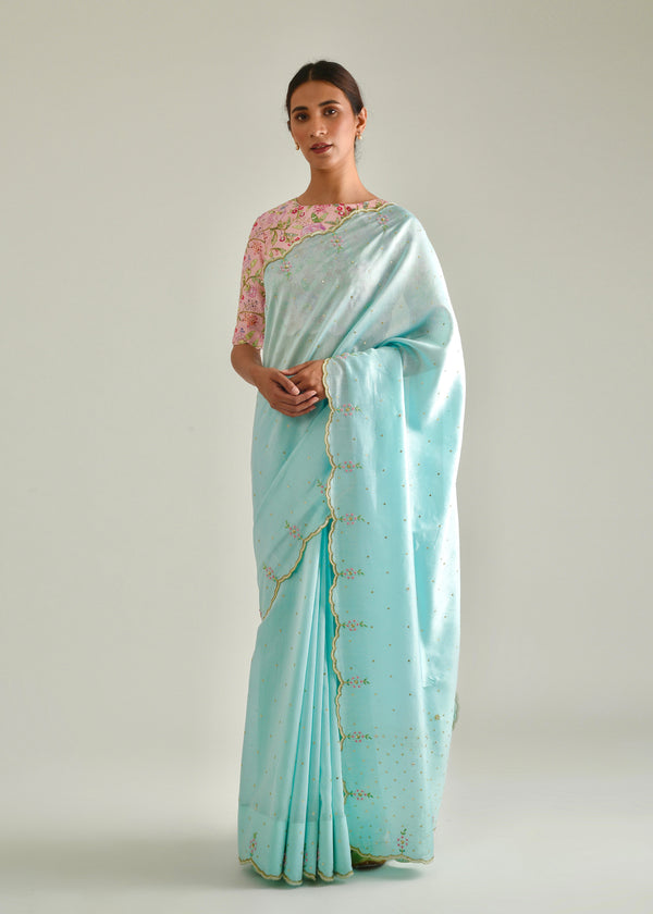 Megh Scallop Saree - Aqua Blue