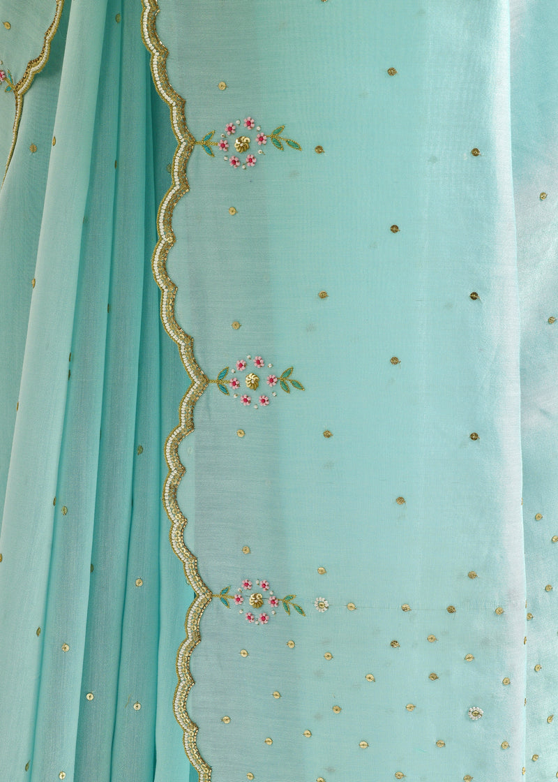 MEGH SCALLOP SAREE BLOUSE SET - AQUA BLUE
