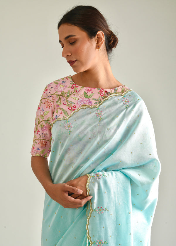 Megh Scallop Saree - Aqua Blue