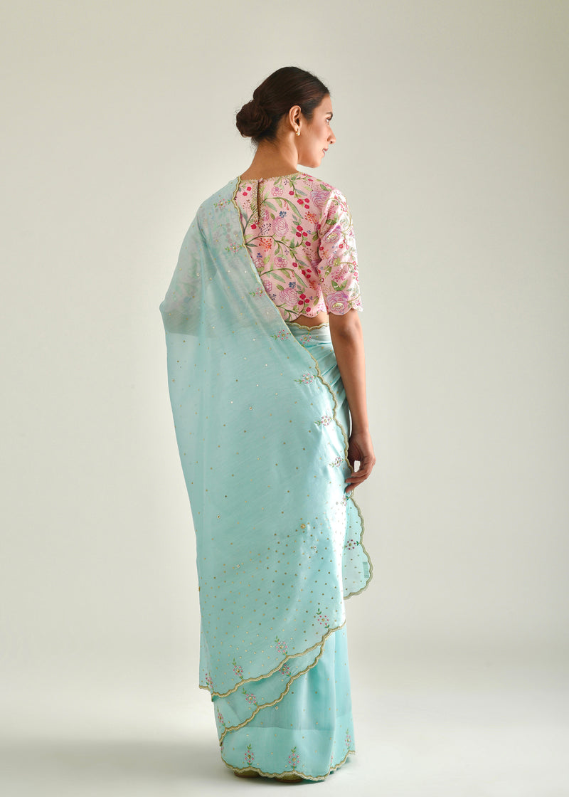 MEGH SCALLOP SAREE BLOUSE SET - AQUA BLUE