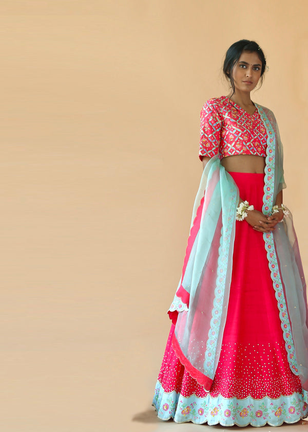 Tile Scallop Lehenga Set - Red