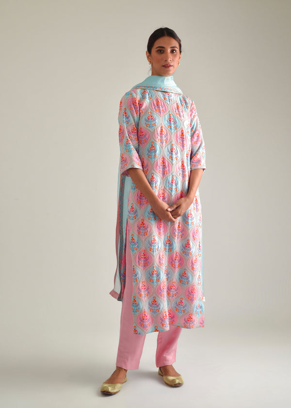 Ogee Kurta Set - Blue Pink