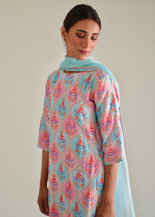 Ogee Kurta Set - Blue Pink