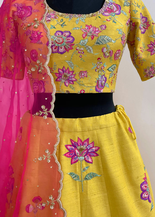 Jacobean Applique Lehenga Set - Mustard Yellow