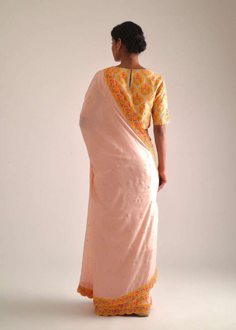 Printed Scallop Border Saree Blouse Set - Peach