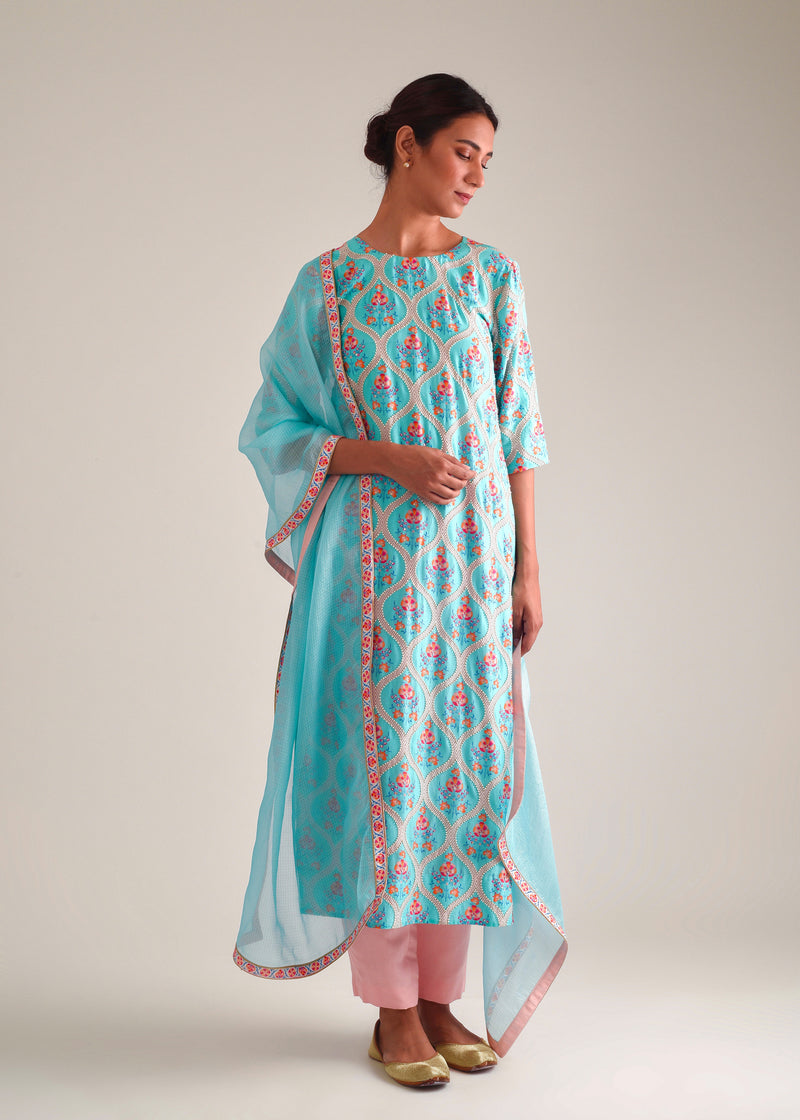 Ogee Kurta Set - Turquoise Blue